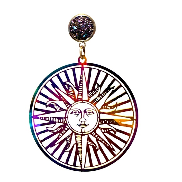 Sun Face Holographic Oil Slick Dangle Earrings - Picture 3 of 3